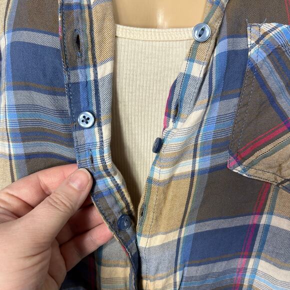 Bit & Bridle Womens Plaid Button Down Shirt Top Long Sleeve Blue Brown Large - Picture 7 of 9